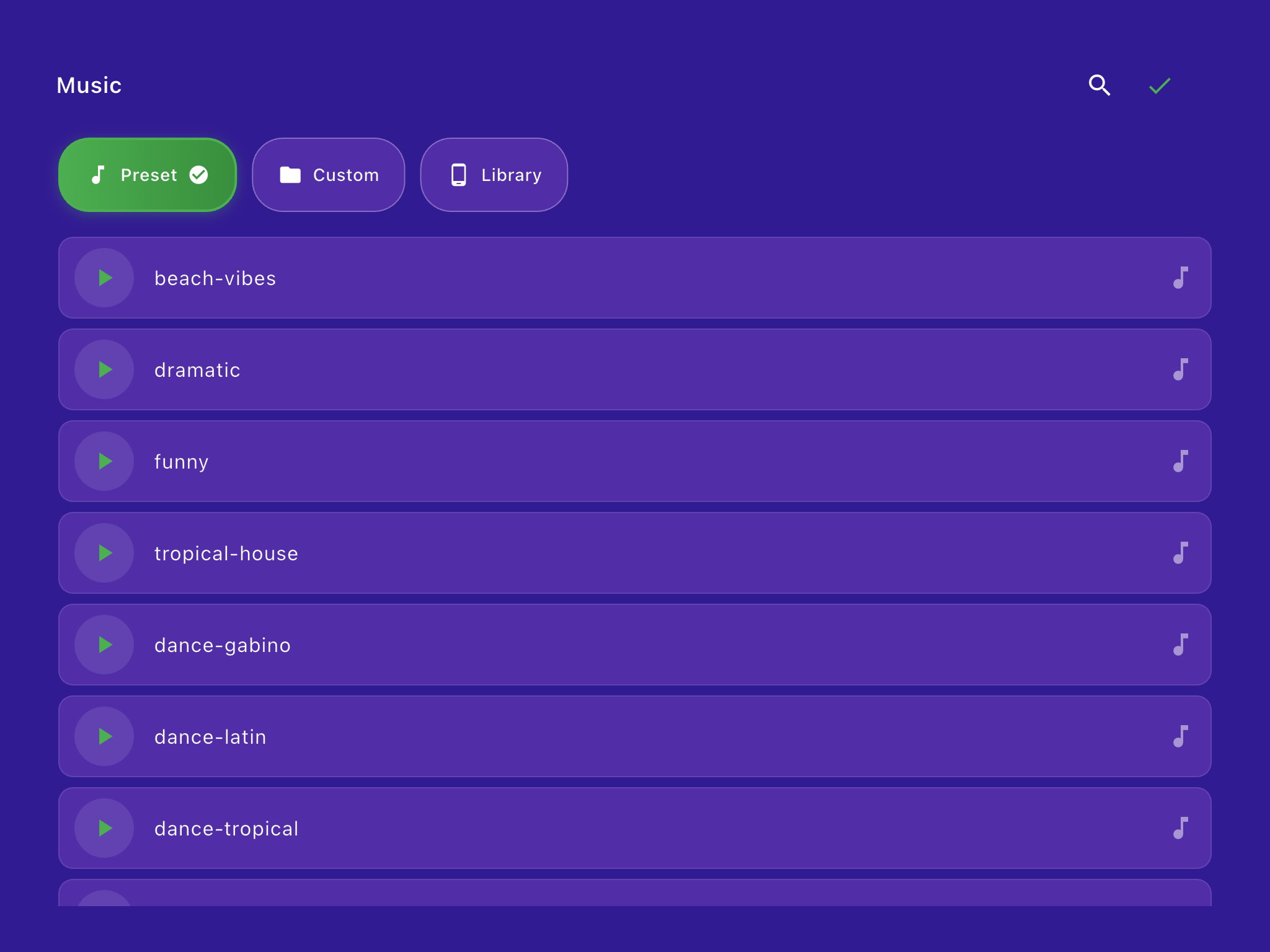 Music selection screen